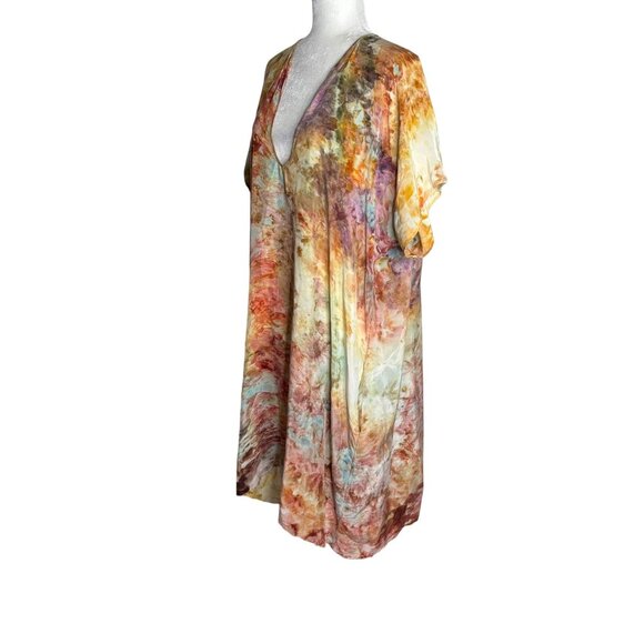Peri Tie Dye Tunic Dress One Size Boho Caftan V Neck Short Sleeves Pockets - Picture 4 of 7